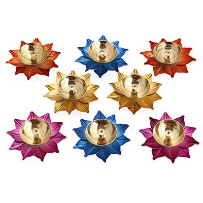 Frienemy Presents Brass Diya Deepak Lotus Oil Lamp Colorful Kamal Design for Diwali Gifting (Set of 8) #Frienemy-535