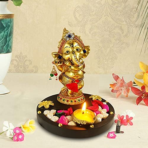 Frienemy Presents Ganesha Idol for Gift with Brass Diya and Ghee Wicks (15 Cm X 15 Cm X 16.5 Cm, Gold) Decorative Showpiece #Frienemy-654