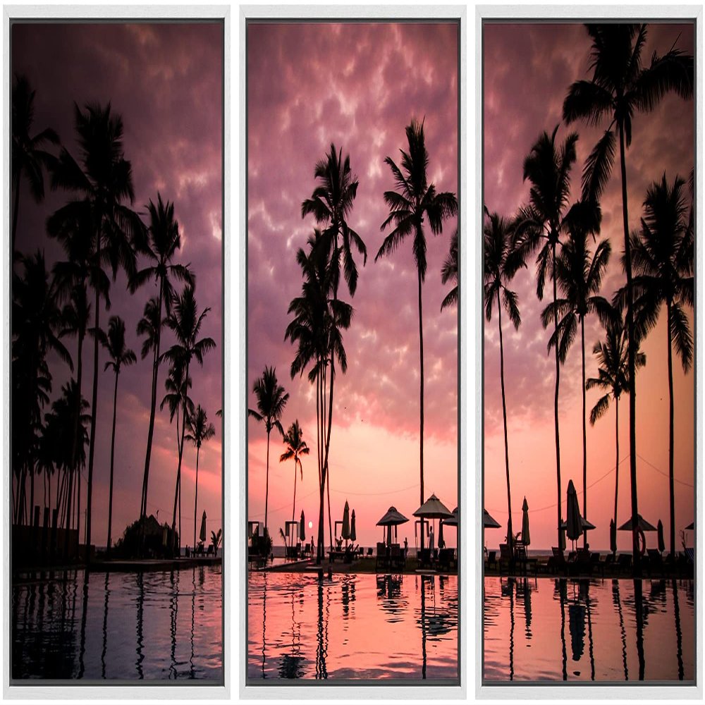 SIGNWIN Framed Canvas Wall Art Beautiful Sunset Reflection of Silhouettes Palm Trees Coastal Ocean Photography Modern Art Panoramic Relax/Calm for Living Room, Bedroom, Office - 16"x24"x3 White