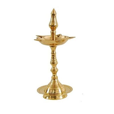 Frienemy Presents Brass Fancy Kerala Diya Oil Lamp Stand for Puja Home Decoration Items Temple Festival Gifts Indian Puja Articles Decor (Size 10 Inch, Golden) #Frienemy-220