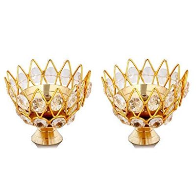 Frienemy Presents Brass Small Bowl Crystal Diya Round Shape Kamal Deep Akhand Jyoti Oil Lamp for Home Temple Puja Decor Gifts (2 Pcs) #Frienemy-288