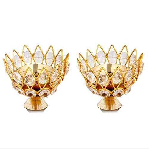 Frienemy Presents Brass Small Bowl Crystal Diya Round Shape Kamal Deep Akhand Jyoti Oil Lamp for Home Temple Puja Decor Gifts (2 Pcs) #Frienemy-288
