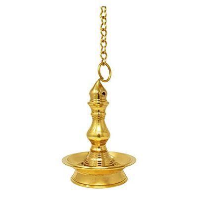 Frienemy Presents Tradational Brass Hanging Oil Wick Diya with 1 Meter Chain for Puja Gifts Antique Home Dcor - Gold (4X4.5 Inch) #Frienemy-660