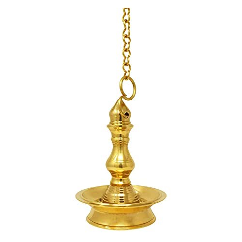 Frienemy Presents Tradational Brass Hanging Oil Wick Diya with 1 Meter Chain for Puja Gifts Antique Home Dcor - Gold (4X4.5 Inch) #Frienemy-660