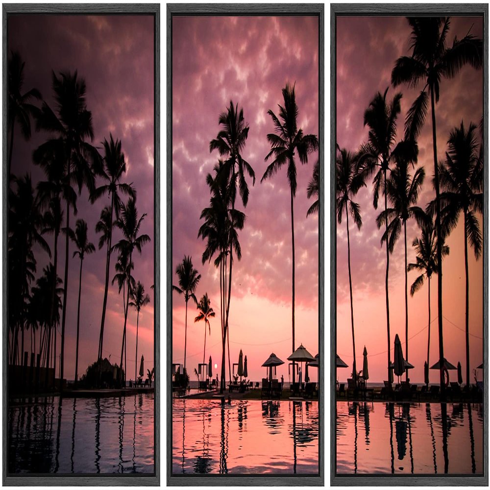 SIGNWIN Framed Canvas Wall Art Beautiful Sunset Reflection of Silhouettes Palm Trees Coastal Ocean Photography Modern Art Panoramic Relax/Calm for Living Room, Bedroom, Office - 16"x24"x3 Black