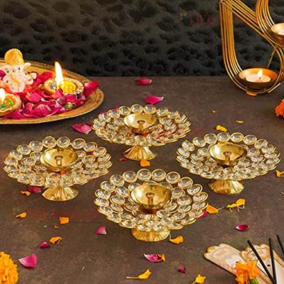 Frienemy Presents Pack of 4 Brass Crystal Akhand Diya Brass Oil Puja Lamp - Diwali Diya Diwali Home Decoration Item and Diwali Gifts (Golden, 12 Cm X 4 Cm) #Frienemy-591