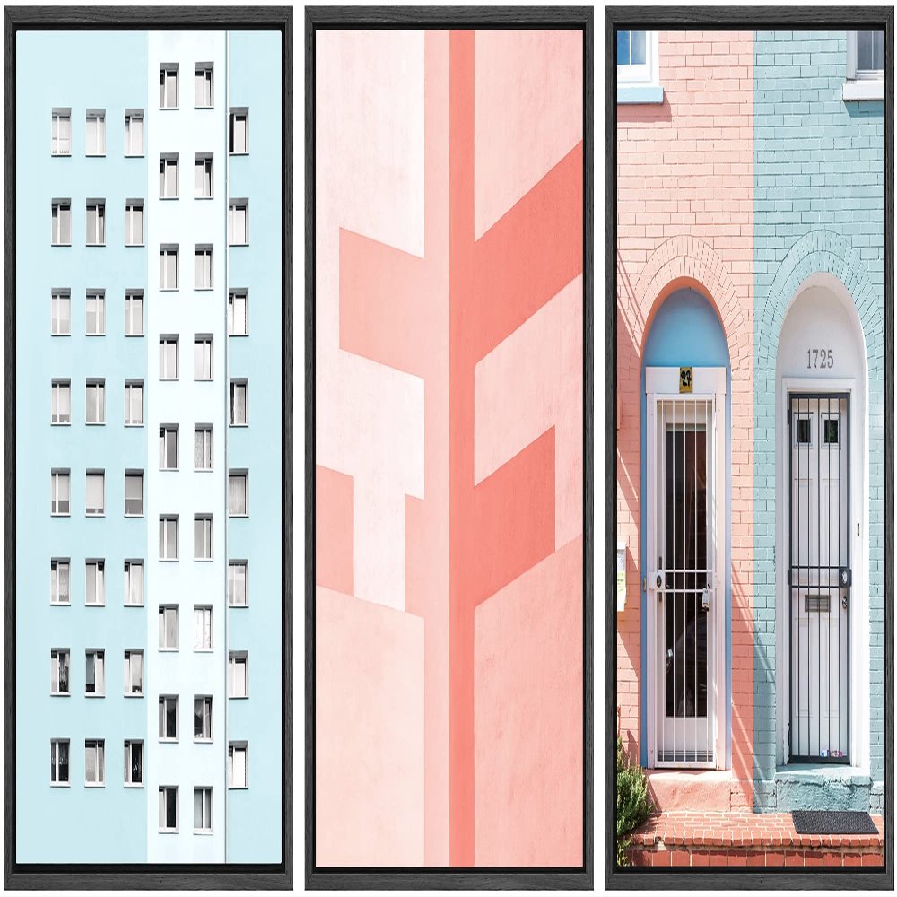 SIGNWIN Canvas Print Wall Art Set Pink & Blue Brick Apartment Buildings Cities Cityscape Mixed Media Modern Bohemian Scenic Colorful Multicolor for Living Room, Bedroom, Office - 16"x24"x3 Black