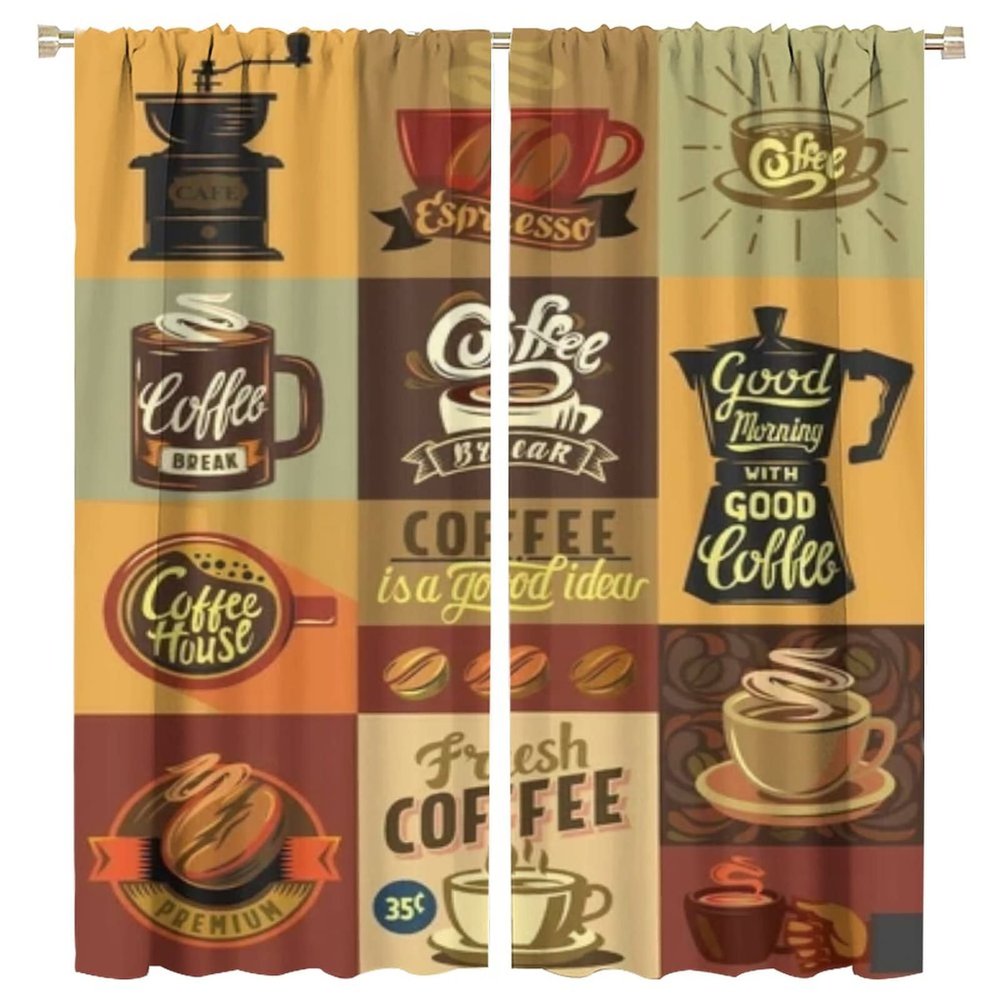 Vintage Coffee Theme Kitchen Curtain - Darkening Room Pocket Curtain for Kitchen & Living Room - 63x72in