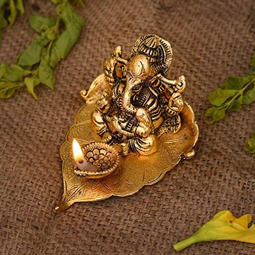Frienemy Presents Ganesh, Ganesha On Leaf - Ganesh with Diya - Lord Ganesha Metal Hand Craved for Home Decorative Gift Puja Diwali Gifts #Frienemy-677