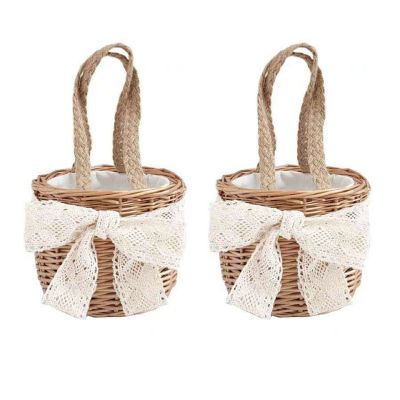 HLTER Flower Girl Baskets, 2 Packs Woven Rustic Portable Kids Flower Baskets 5.1 Inch Handmade Wicker Baskets with Bowknot Burlap Storage Basket for Easter Wedding Party