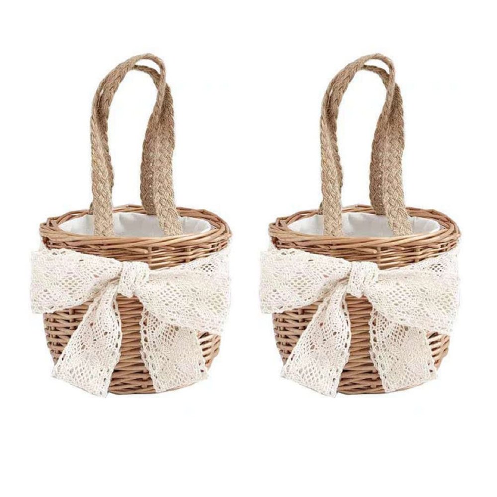 HLTER Flower Girl Baskets, 2 Packs Woven Rustic Portable Kids Flower Baskets 5.1 Inch Handmade Wicker Baskets with Bowknot Burlap Storage Basket for Easter Wedding Party