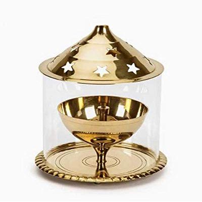 Frienemy Presents Brass Glass Akhand Diya Oil Puja Lamp 4.8 Inch Medium Size (7.5 X 7.5 X 13 Cm) #Frienemy-218