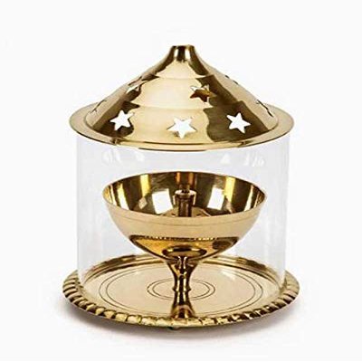 Frienemy Presents Brass Glass Akhand Diya Oil Puja Lamp 4.8 Inch Medium Size (7.5 X 7.5 X 13 Cm) #Frienemy-218