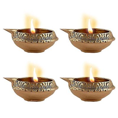 Frienemy Presents Diwali Handcrafted Brass Metal Indian Pooja Oil Lamp Diyas with Engraved Art (3 X 3 X 1.5 Inch, Lotus Flower Design) Pack of 2#Frienemy-512