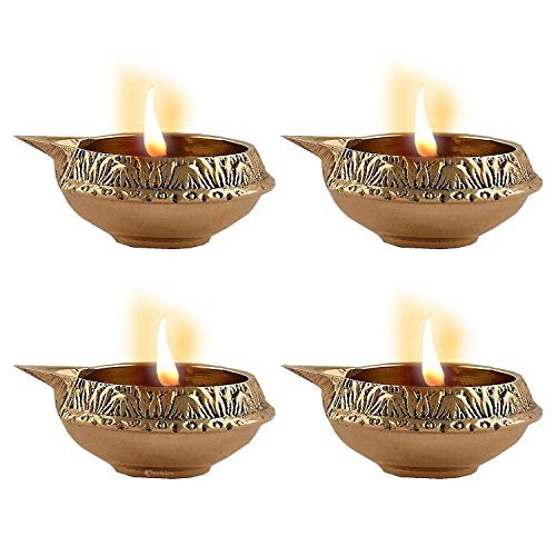 Frienemy Presents Diwali Handcrafted Brass Metal Indian Pooja Oil Lamp Diyas with Engraved Art (3 X 3 X 1.5 Inch, Lotus Flower Design) Pack of 2#Frienemy-512