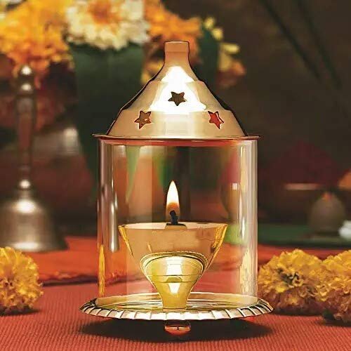 Frienemy Presents Handmade Pure Brass Akhand Diya Tea Light Holder Decorative Lantern Diwali Gifts Home Decor Puja Lamp with Borosilicate Glass Cover (Size - 3 X 3 X #Frienemy-641