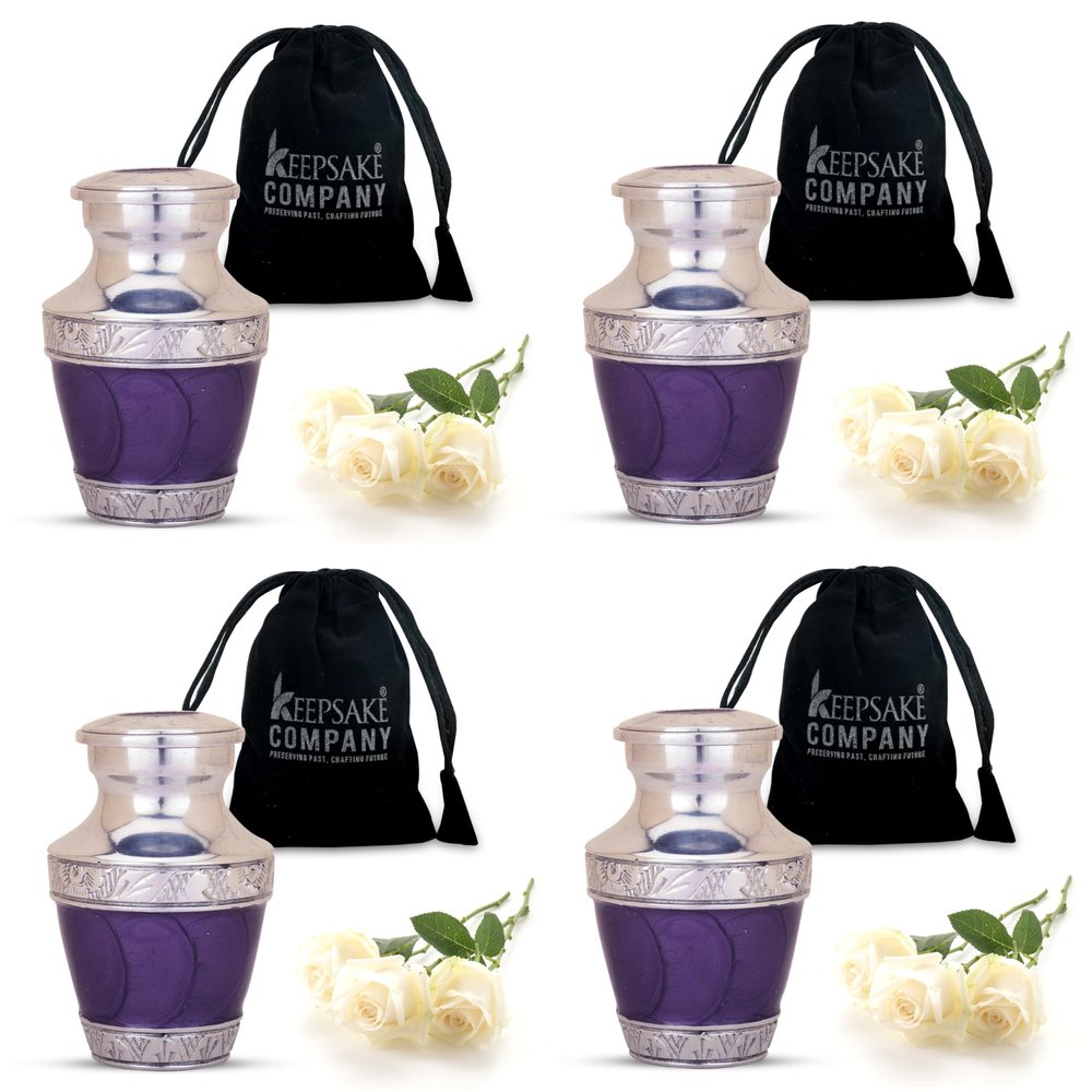 KEEPSAKE COMPANY Purple Enamel Metal Mini Urns for Human Ashes - Set of 4 Keepsake Urns - Handcrafted Designs - 3 Cubic Inches Capacity Each - Funeral Urns