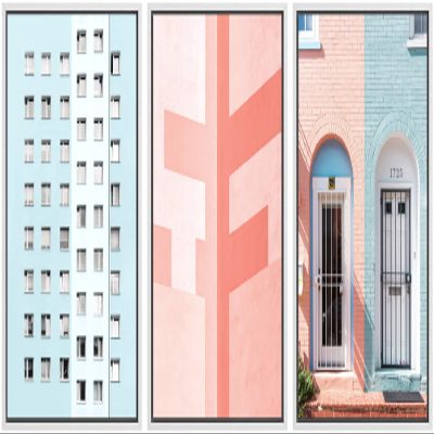 SIGNWIN Canvas Print Wall Art Set Pink & Blue Brick Apartment Buildings Cities Cityscape Mixed Media Modern Bohemian Scenic Colorful Multicolor for Living Room, Bedroom, Office - 16"x24"x3 White