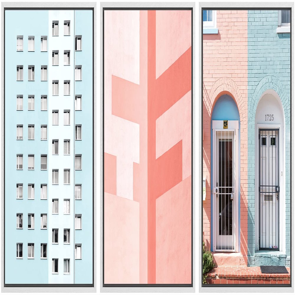 SIGNWIN Canvas Print Wall Art Set Pink & Blue Brick Apartment Buildings Cities Cityscape Mixed Media Modern Bohemian Scenic Colorful Multicolor for Living Room, Bedroom, Office - 16"x24"x3 White