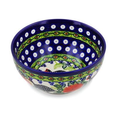 Polmedia Polish Pottery Bowl 6-inch UNIKAT - Fowl In The Florals Pattern Handmade in Boleslawiec Poland by Ceramika Bona + Certificate of Authenticity