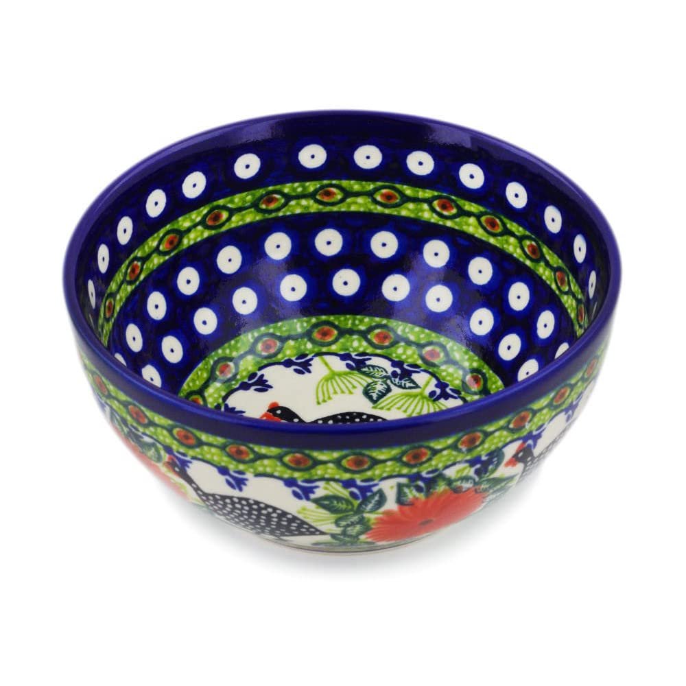 Polmedia Polish Pottery Bowl 6-inch UNIKAT - Fowl In The Florals Pattern Handmade in Boleslawiec Poland by Ceramika Bona + Certificate of Authenticity