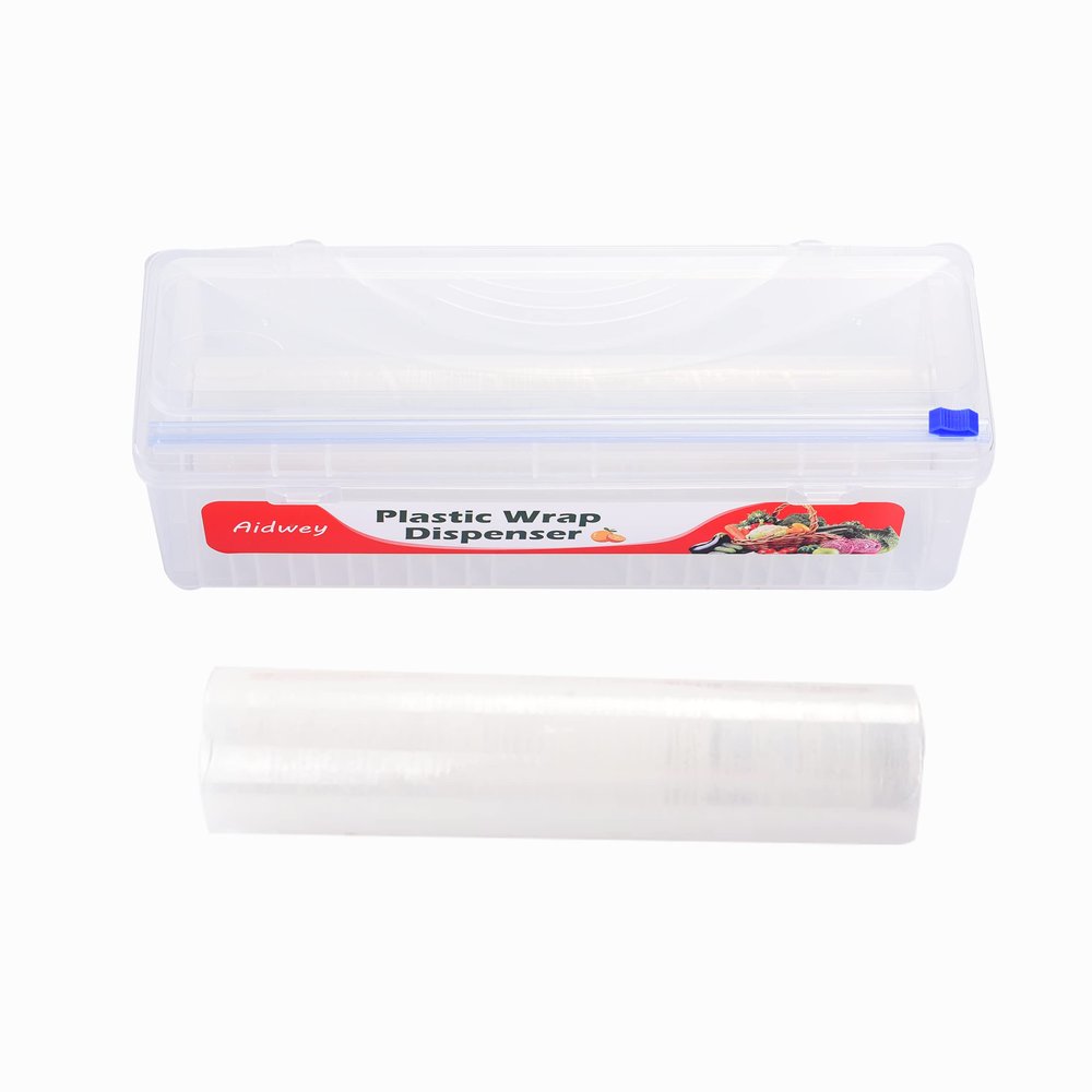 Plastic Wrap Dispenser with Cutter -Cling Wrap Dispenser with Slide Cutter for Food Film, Tin Foil, Aluminum Foil, Baking Paper (Plastic Wrap Dispenser + 12'' x 492' BPA Free Film)