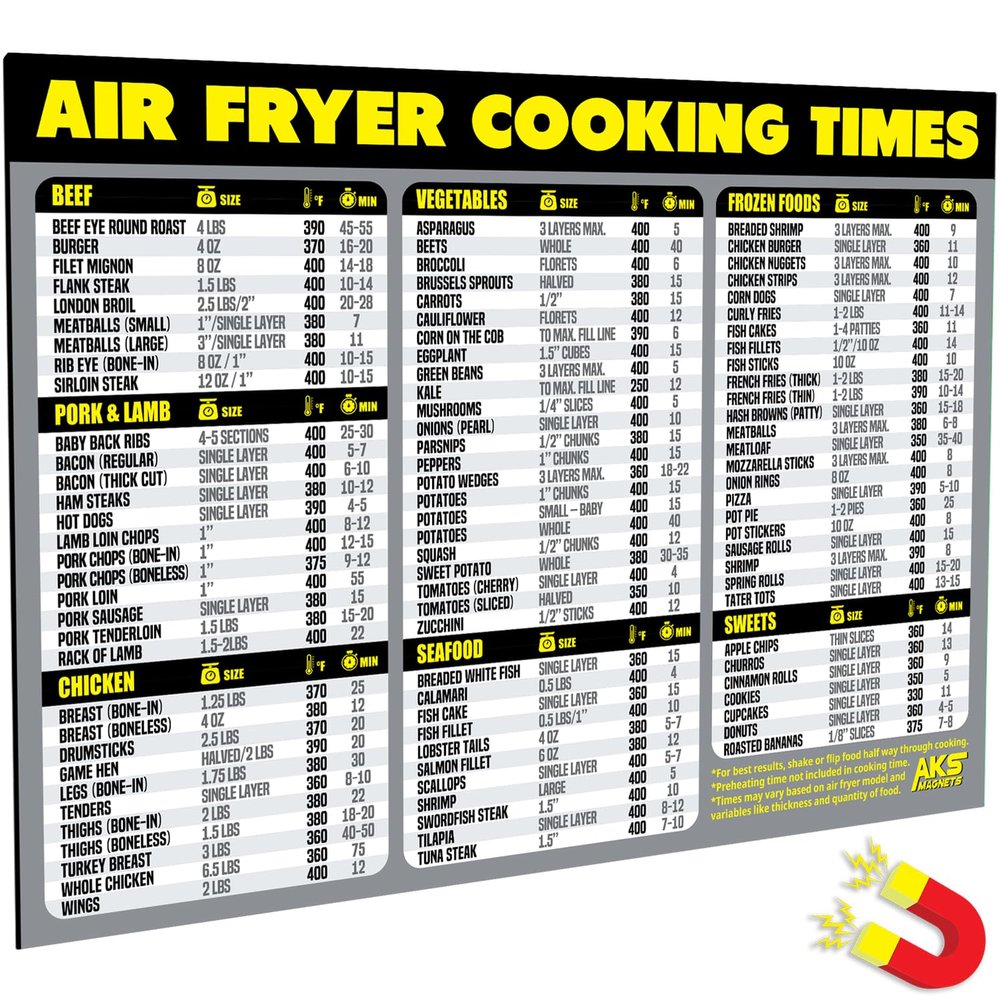 Air Fryer Cheat Sheet Magnet, Cooking Times & Temperature Guide 2026 (Grey)