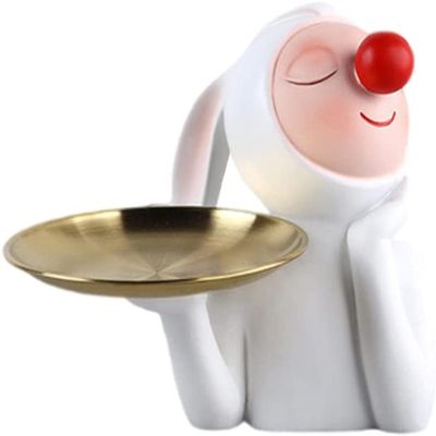 Red Nose Rabbit Figurine Storage Tray Red Nose Rabbit Ornament Bunny Statue Animal Desktop Ornament for Easter Home Desktop Decoration - Round Tray