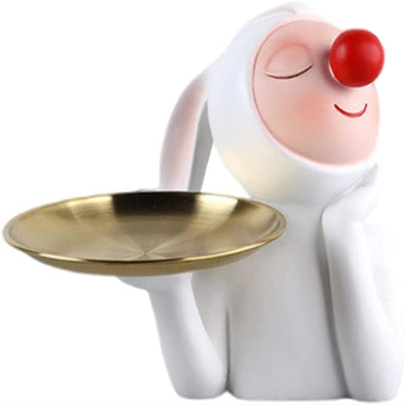 Red Nose Rabbit Figurine Storage Tray Red Nose Rabbit Ornament Bunny Statue Animal Desktop Ornament for Easter Home Desktop Decoration - Round Tray