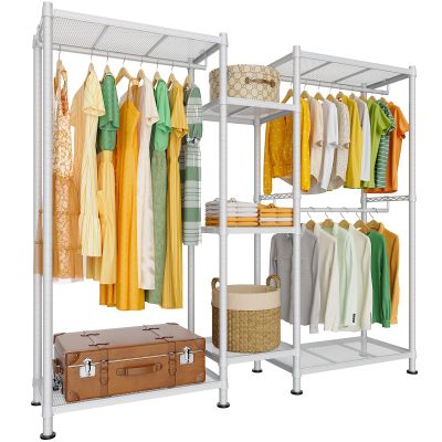 LEHOM G6 Wire Garment Rack Heavy Duty Clothes Rack Compact Large Size Armoire Storage Rack Freestanding Metal Clothing Rack Closet Wardrobe with 3 Hanger Rod and 4 Large Shelves 4 Small Shelves, White