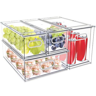 MineSign 4 pack Stackable Fridge Drawers Pull-Out Bins Divided Produce Saver Containers for Refrigerator Storage Organizers for Veggie Fruit Berry Pantry Cabinet Makeup Clothes