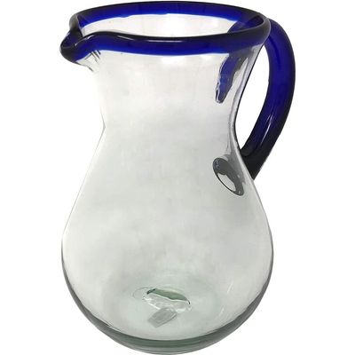 Unknown1 Dos Mexican Hand Blown Glass Pitcher Cobalt Blue Rim and Handle (84 Oz)