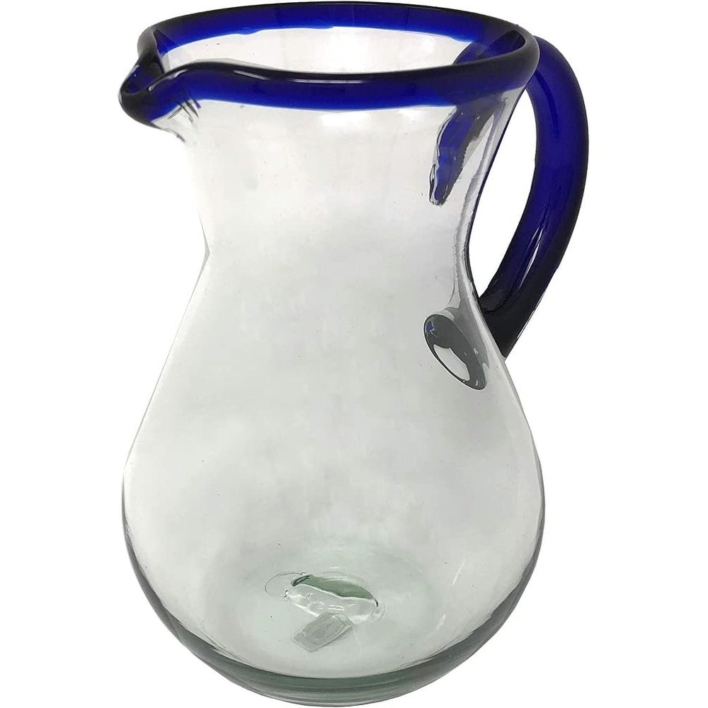 Unknown1 Dos Mexican Hand Blown Glass Pitcher Cobalt Blue Rim and Handle (84 Oz)
