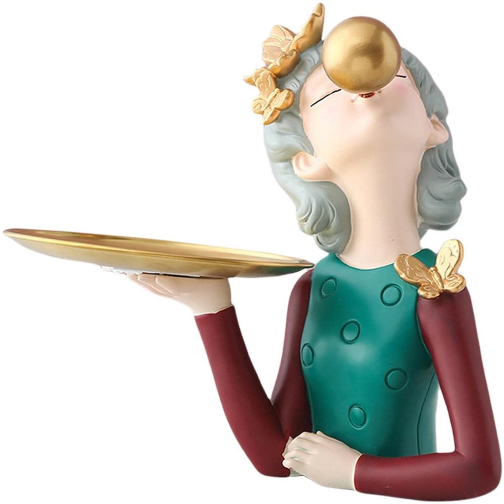 Lindagary Girl Figurine with Storage Tray, Resin Statue Ornament, Grey