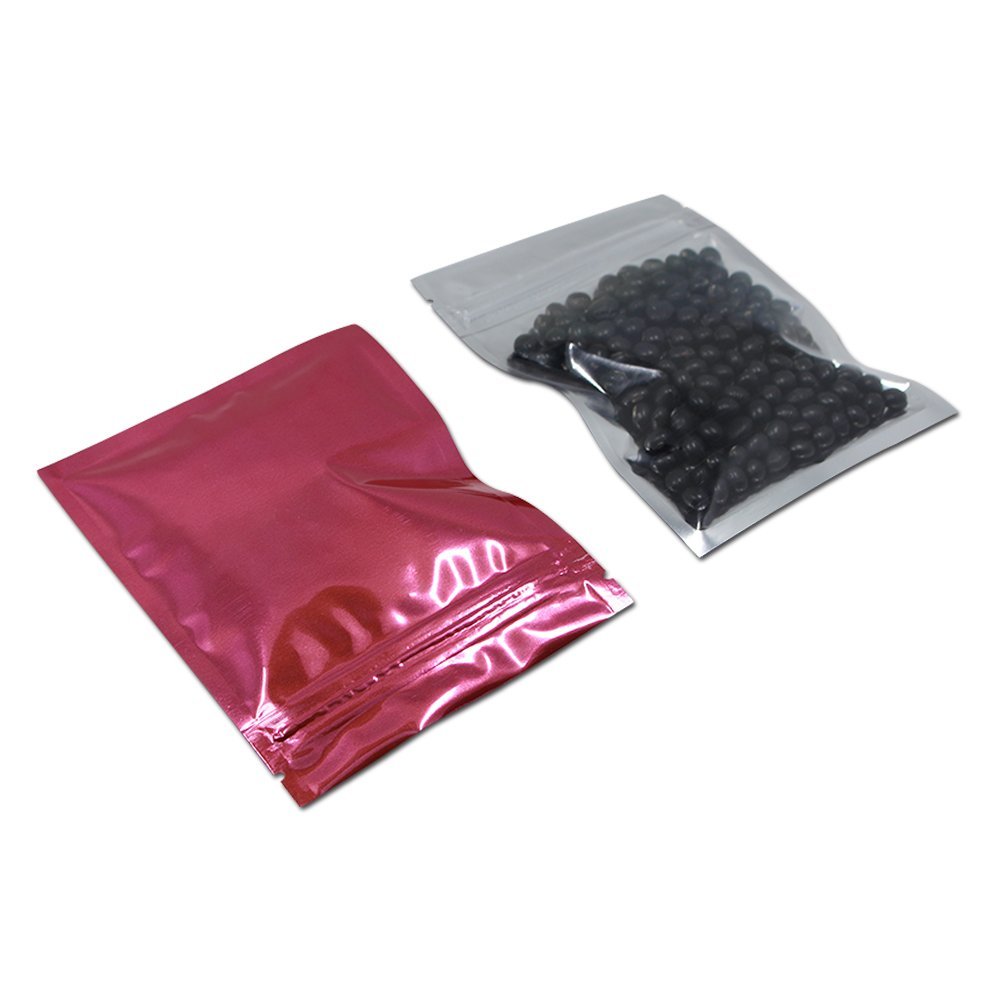 FERENLI 100PCS Glossy Mylar Zipper Lock Food Storage Bag Glossy Aluminum Foil Bag with Front Window Plastic Packaging Pouch for Zip Flat Heat Seal Lock Resealable (10.2x12.7cm (4x5 inch), Pink)