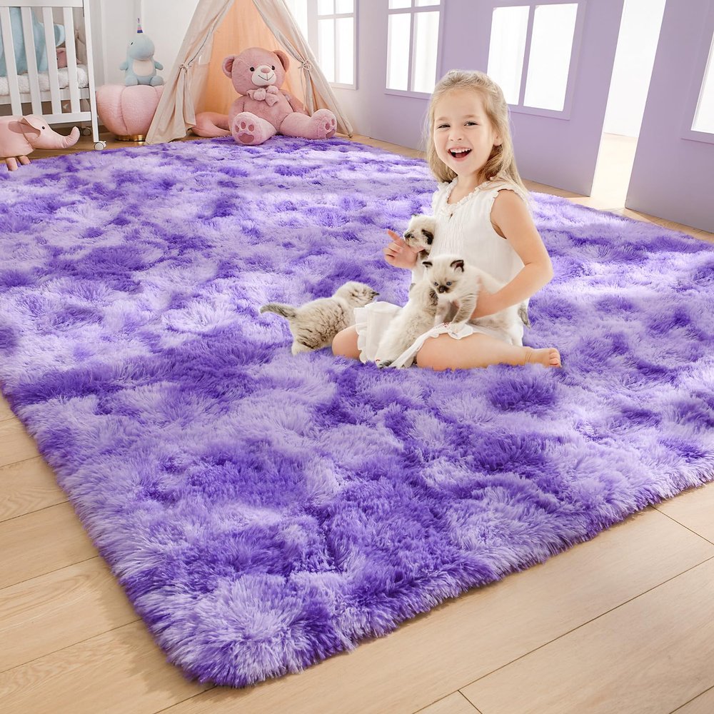 AROGAN Soft Rainbow Area Rugs for Girls Room 4x6 Feet, Fluffy Girls Bedroom Rugs, Princess Rug, Cute Colorful Carpet for Kids Teens Nursery Toddler, Purple