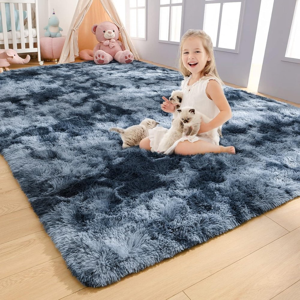 AROGAN Soft Rainbow Area Rugs for Girls Room, Fluffy Girls Bedroom Rugs, Princess Rug, Cute Colorful Carpet for Kids Teens Nursery Toddler (Blue-Grey, 46 Feet)