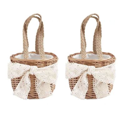 Marooma 2PCS Hand-woven Flower Basket,Wicker Rattan Flower Girl Baskets with Handle and Lace Bow,Woven Storage Basket with Premium Linen Cotton Cloth Lining