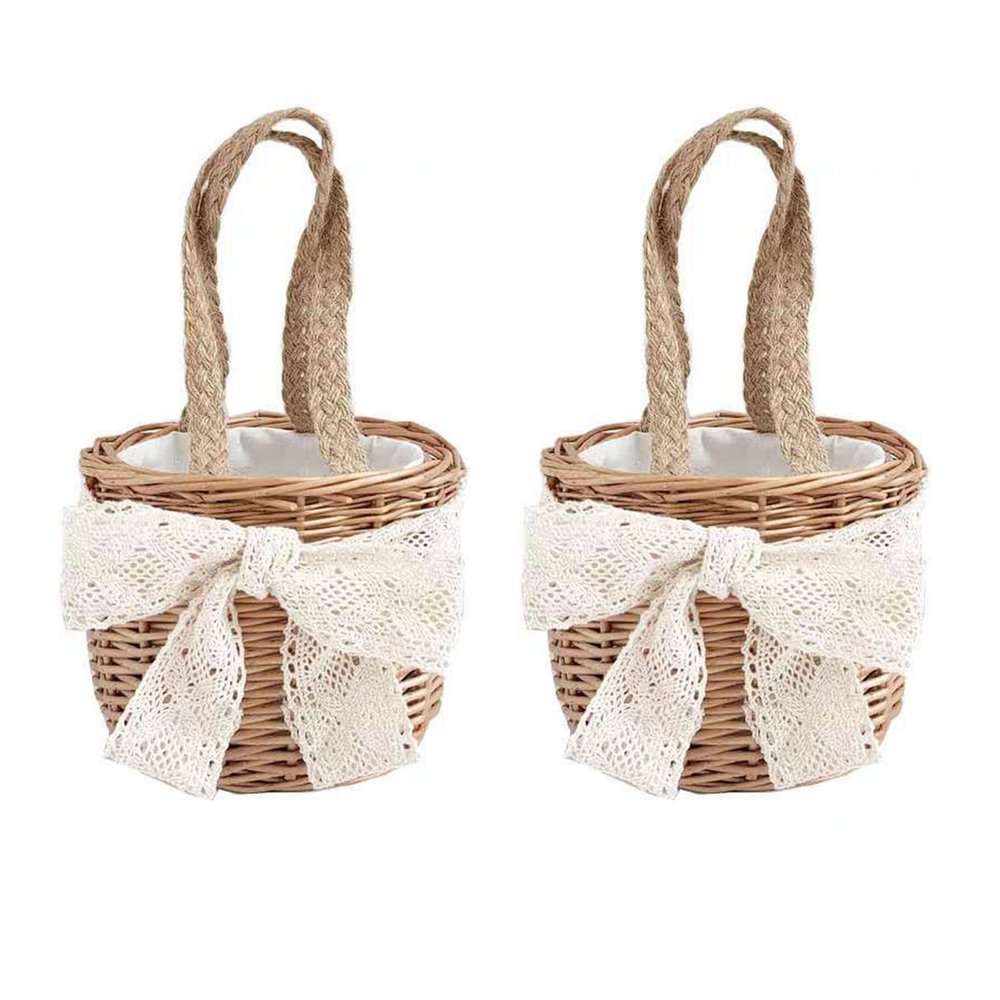 Marooma 2PCS Hand-woven Flower Basket,Wicker Rattan Flower Girl Baskets with Handle and Lace Bow,Woven Storage Basket with Premium Linen Cotton Cloth Lining