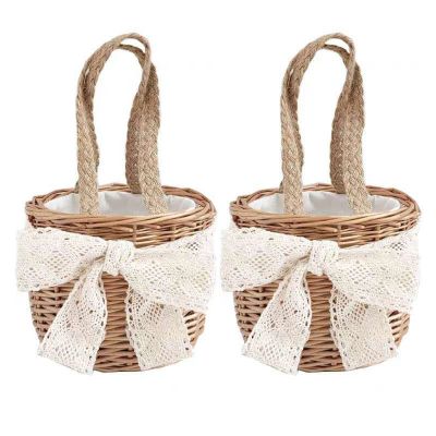 MEUMITY Rattan Flower Basket, 2 PCS Flower Girl Baskets with Handle and Lace,Storage Basket Woven Basket Lined with Cotton Cloth for Wedding, Home Decor, Outdoor Dinner