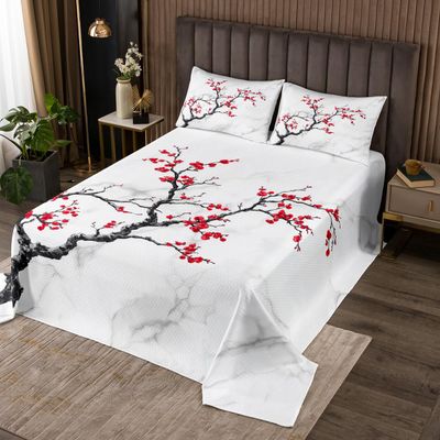 Erosebridal Cherry Blossom Bedspread Set 3Pcs,White Grey Marble Quilt Set for Girls Women Red Flower Floral Coverlet Set King Size Japanese Style Bed Cover Botanical Theme Bedspread Set,Soft