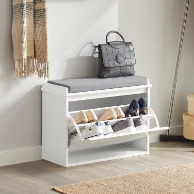 Haotian Small Shoe Bench, Storage Bench with Removable Seat Cushion, Ottoman for Entryway and Bedroom, 2 Flip Drawers White, FSR98-W