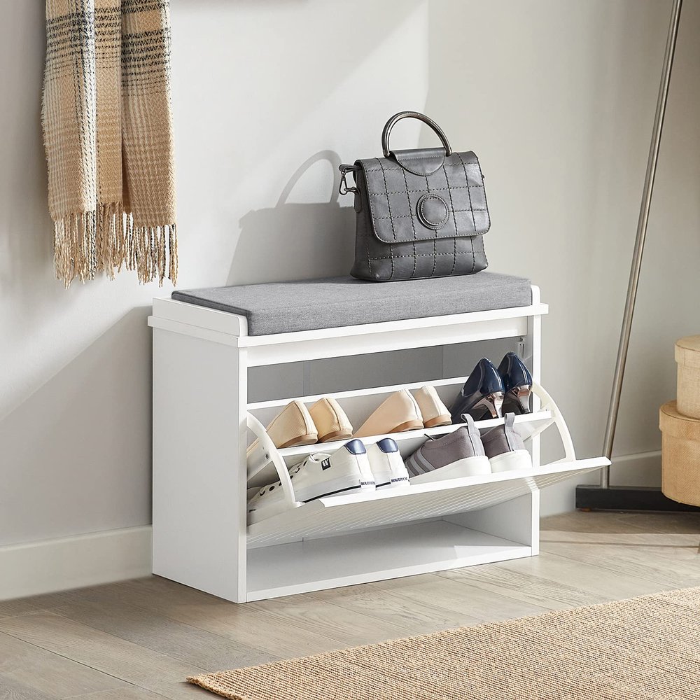 Haotian Small Shoe Bench, Storage Bench with Removable Seat Cushion, Ottoman for Entryway and Bedroom, 2 Flip Drawers White, FSR98-W