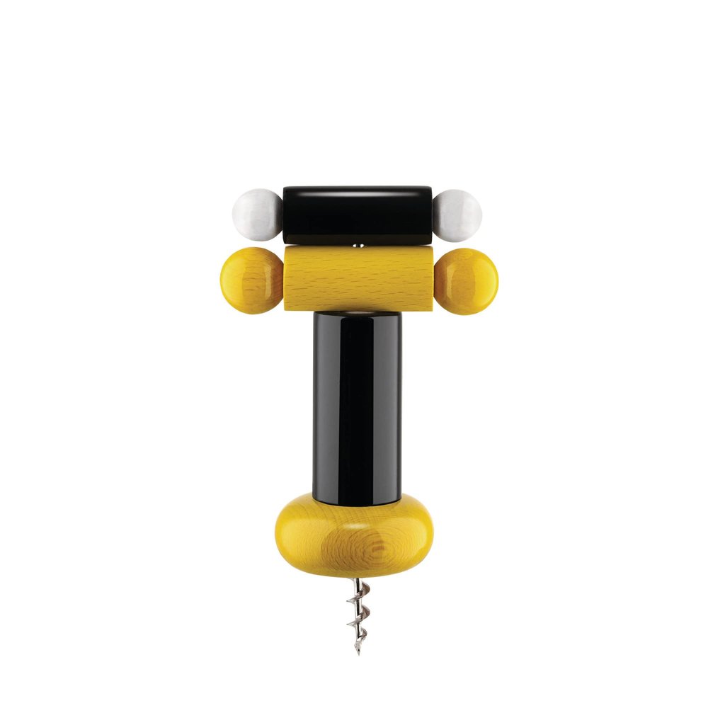 Alessi Corkscrew in beech-wood, black, yellow and white. Alessi 100 Values Collection.
