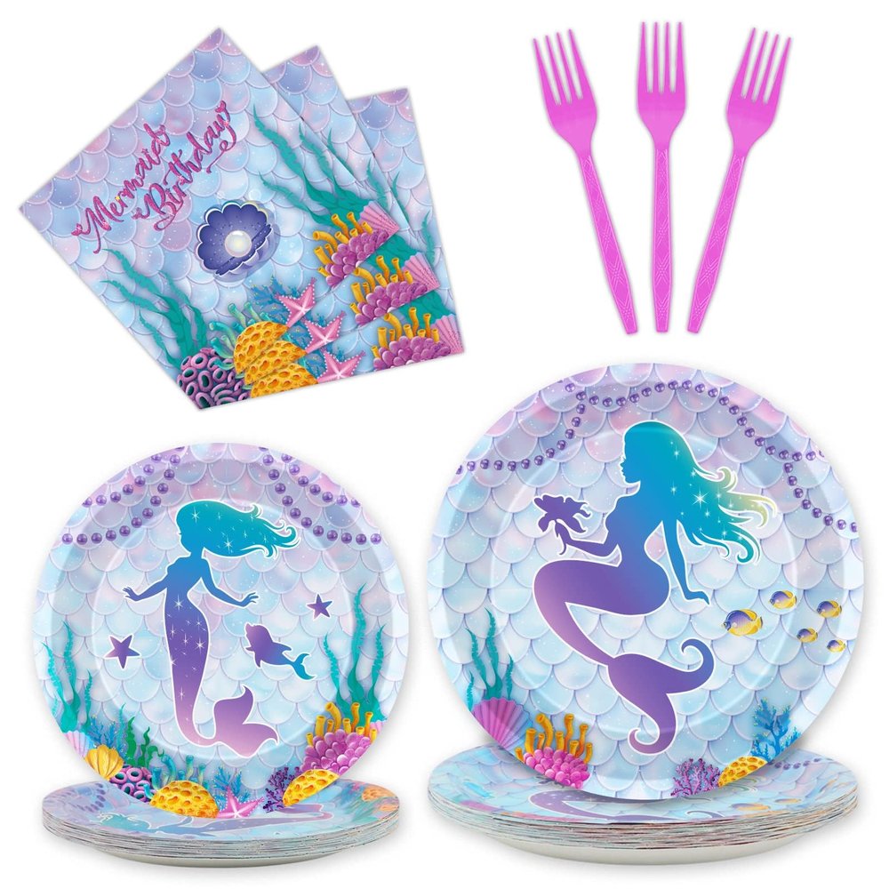 96 Pcs Mermaid Plates and Napkins Party Supplies Mermaids Ocean Birthday Tableware Set Under the Sea Party Decorations Favors for Girls Birthday Baby Shower for 24 Guests