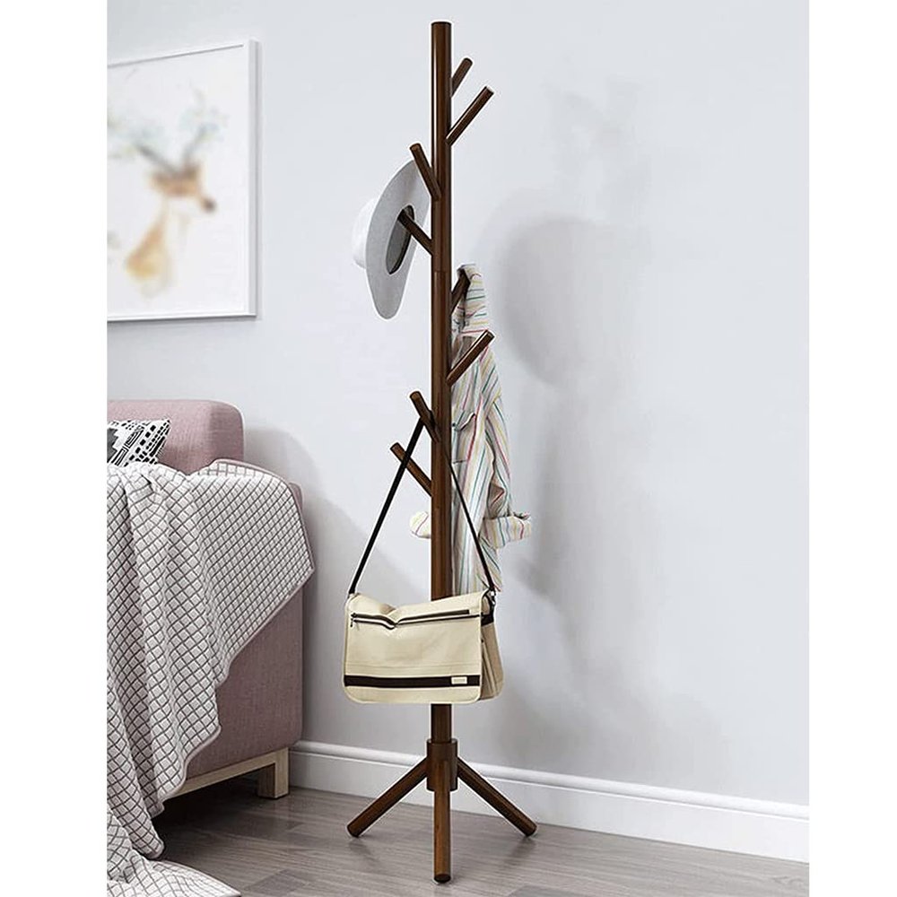 SHATONG Multifunctional Freestanding Bamboo Coat and Hat Rack Hall Tree Entryway Bamboo Look with 8 Hooks Super Easy Assembly No Tools Required for Home or Office,Multi-Color Optional