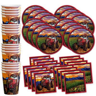 Birthday Galore Red Tractor Farm Party Supplies Set - Farm Party Supplies for Boy's Birthday - Includes Plates, Napkins and Cups - Kit for 16