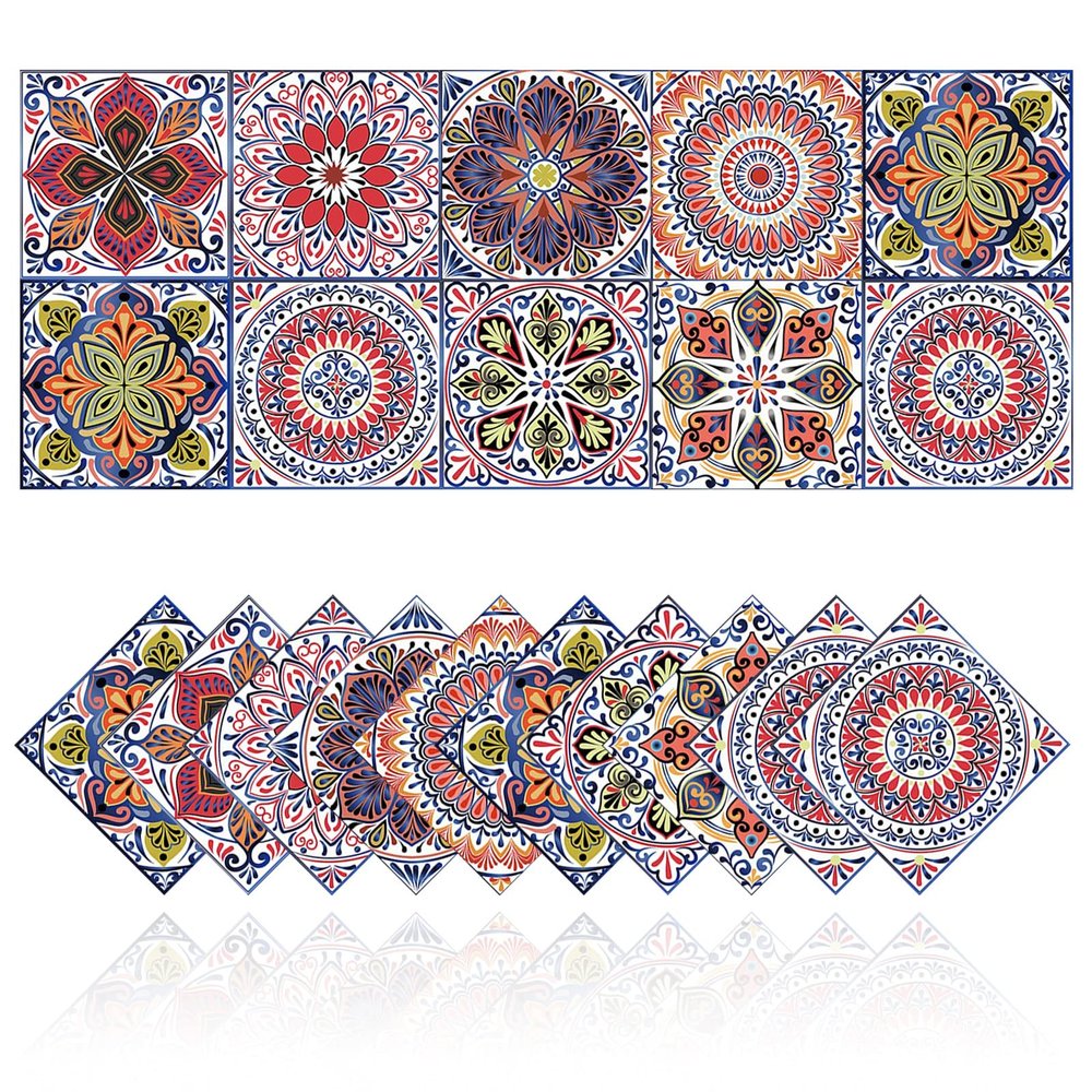 Tile Stickers Wall Decor Bathroom Kitchen Wall Sticker Waterproof PVC Decoration Stickers - 2D Sticker with Retro Design in Mosaic Style (Style-6, 8 x 8 Inch)
