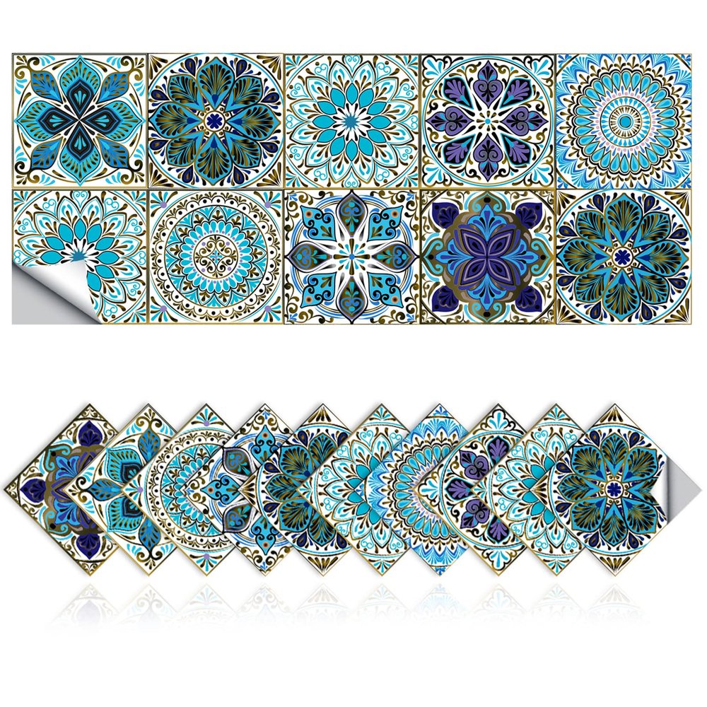 Tile Stickers Wall Decor Bathroom Kitchen Wall Sticker Waterproof PVC Decoration Stickers - 2D Sticker with Retro Design in Mosaic Style (Style-7, 8 x 8 Inch)