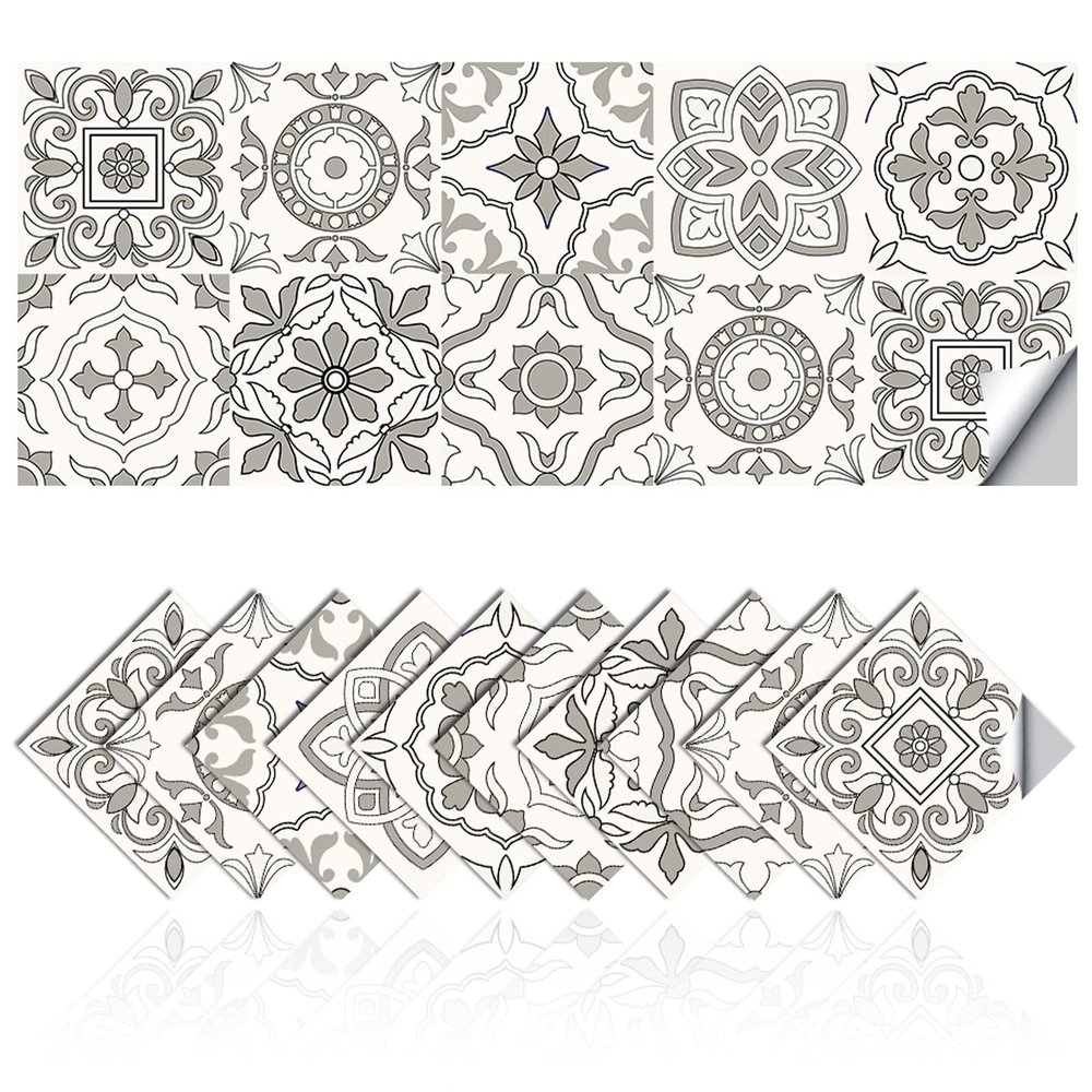 Tile Stickers Wall Decor Bathroom Kitchen Wall Sticker Waterproof PVC Decoration Stickers - 2D Sticker with Retro Design in Mosaic Style (Style-8, 8 x 8 Inch)
